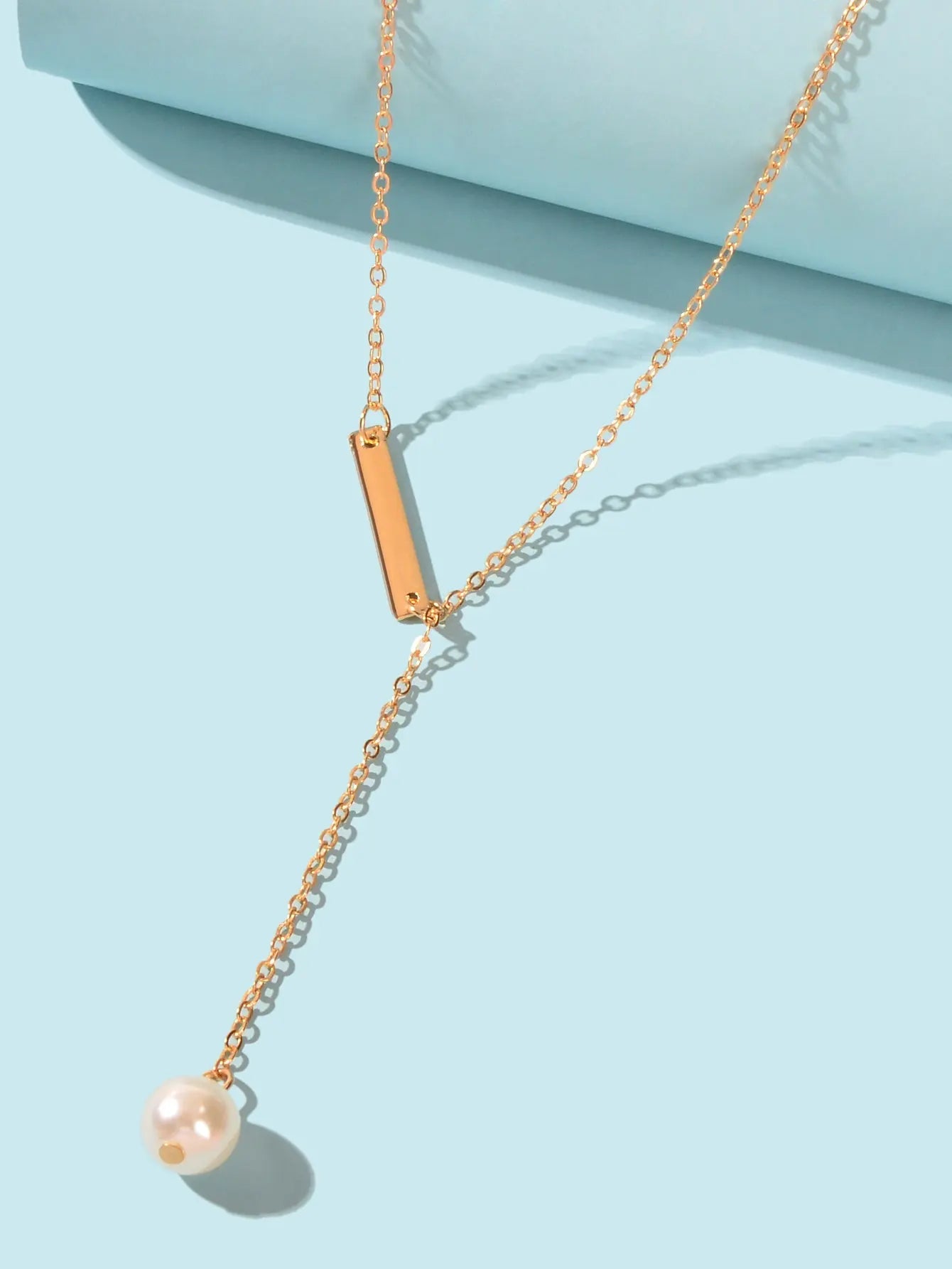 Designer Jewelry Gold Chain Geometric Bar Lariat Y-Shaped Pearl Pendant Necklace Feelontop Jewellery