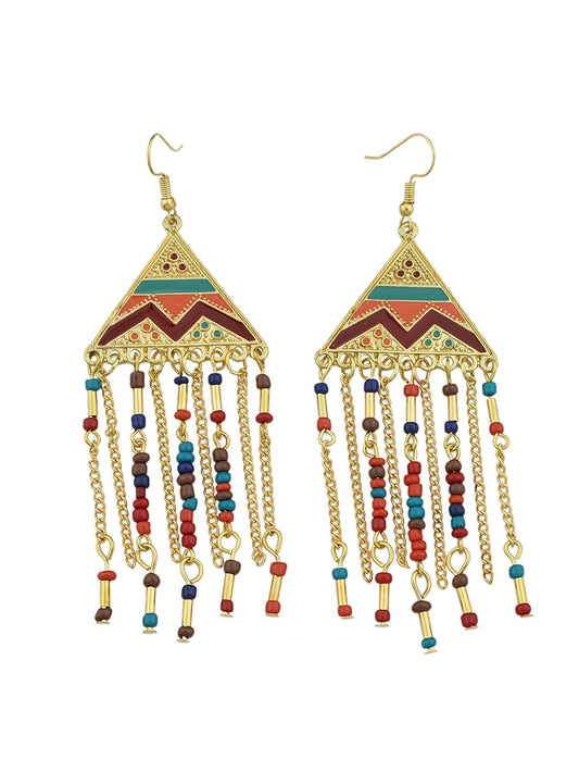 Triangle Colourful Enamel Beads Long Chain Tassel Ethnic Jewellery Boho Earrings Feelontop Jewellery