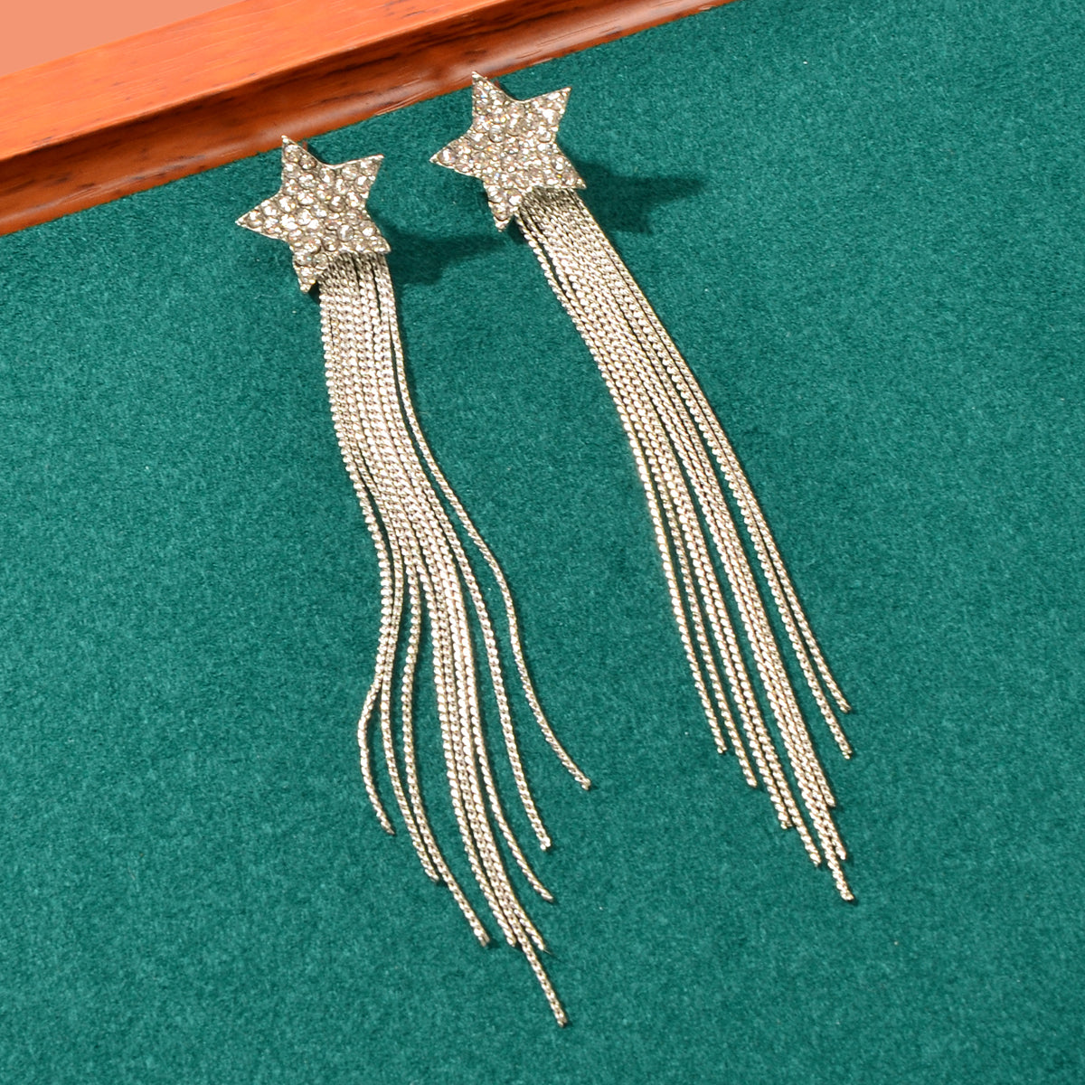 Elegant Luxury Rhinestone Decor Star Long Silver Chain Tassels Dangling Earrings Feelontop Jewellery
