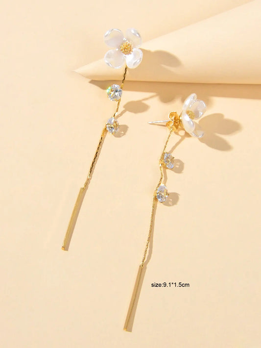 Designer Jewellery Rhinestone White Flower Long Chain Bar Charm Dangle Earrings Feelontop Jewellery