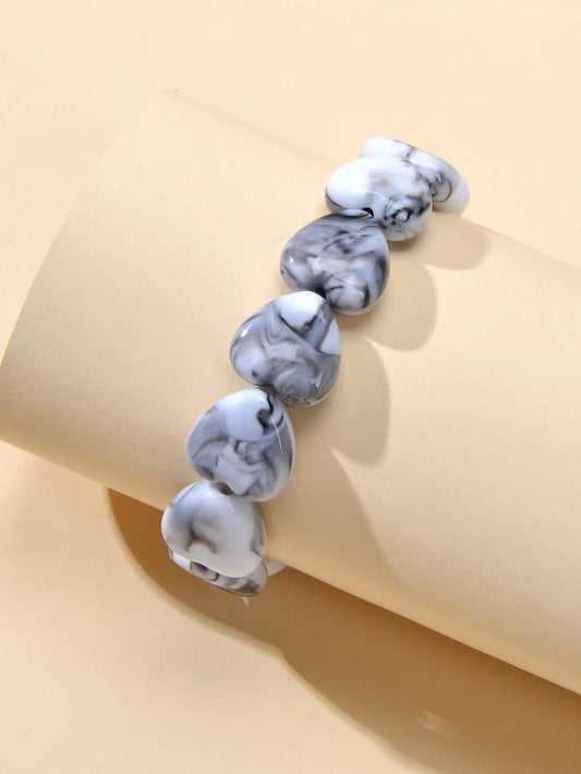 Boho Retro Jewellery Green Grey Resin Heart Beads Elastic Strand Bracelet Bangle Feelontop Jewellery