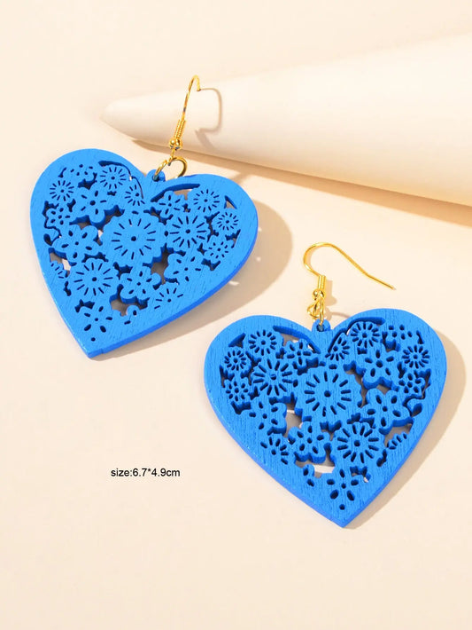 Nice Collection Colorful Wood Flower Pattern Hollow Heart Dangle Ladies Earrings Feelontop Jewellery