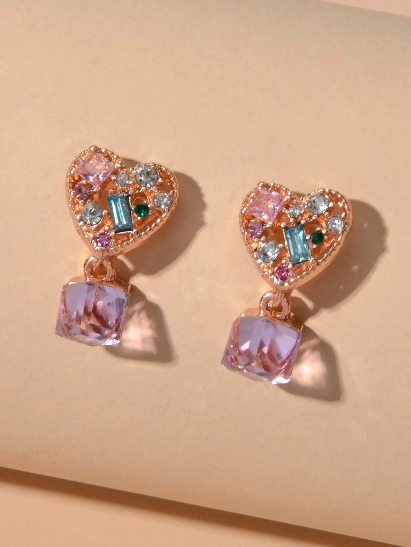 Sweet Textured Shining Crystal Decor Pink Heart Drop Earrings Women Girls Gifts Feelontop Jewellery