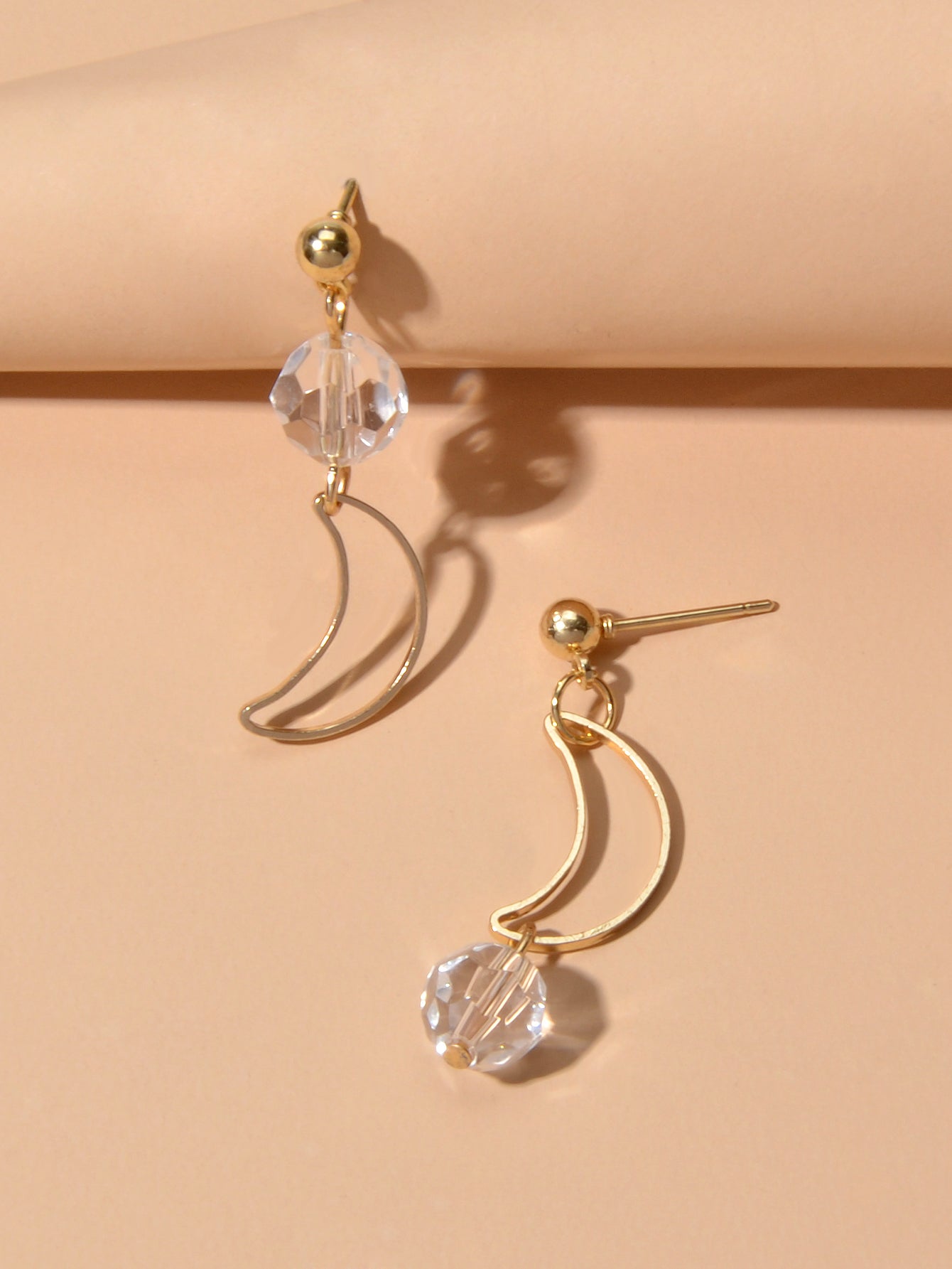 Minimalist Gold Metal Moon Star Transparent Beads Asymmetric Pierced Earrings Feelontop Jewellery