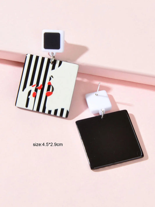 Women Red Lip Lipstick Pattern White Black Square Resin Dangle Pierced Earrings Feelontop Jewellery