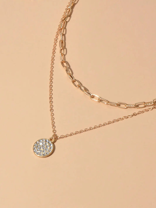 Female Jewellery Double layer Paperclip Gold Silver Chain Round Pendant Necklace Feelontop Jewellery