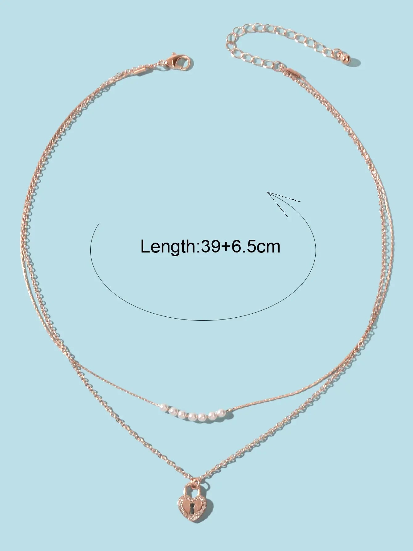 Double Layer Rose Gold Chain String Pearl Heart Lock Pendant Necklace Girlfriend Feelontop Jewellery