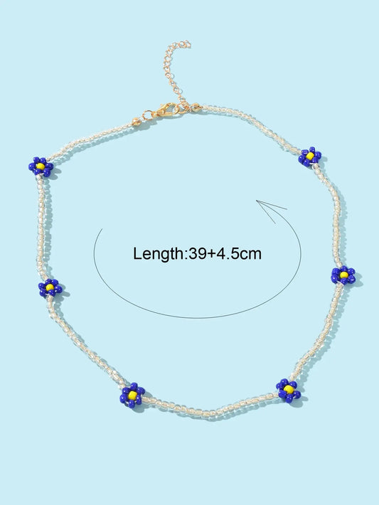 Boho Handmade Seed Beads Choker Blue Flower Collar Necklace Prom Party Jewellery Feelontop Jewellery
