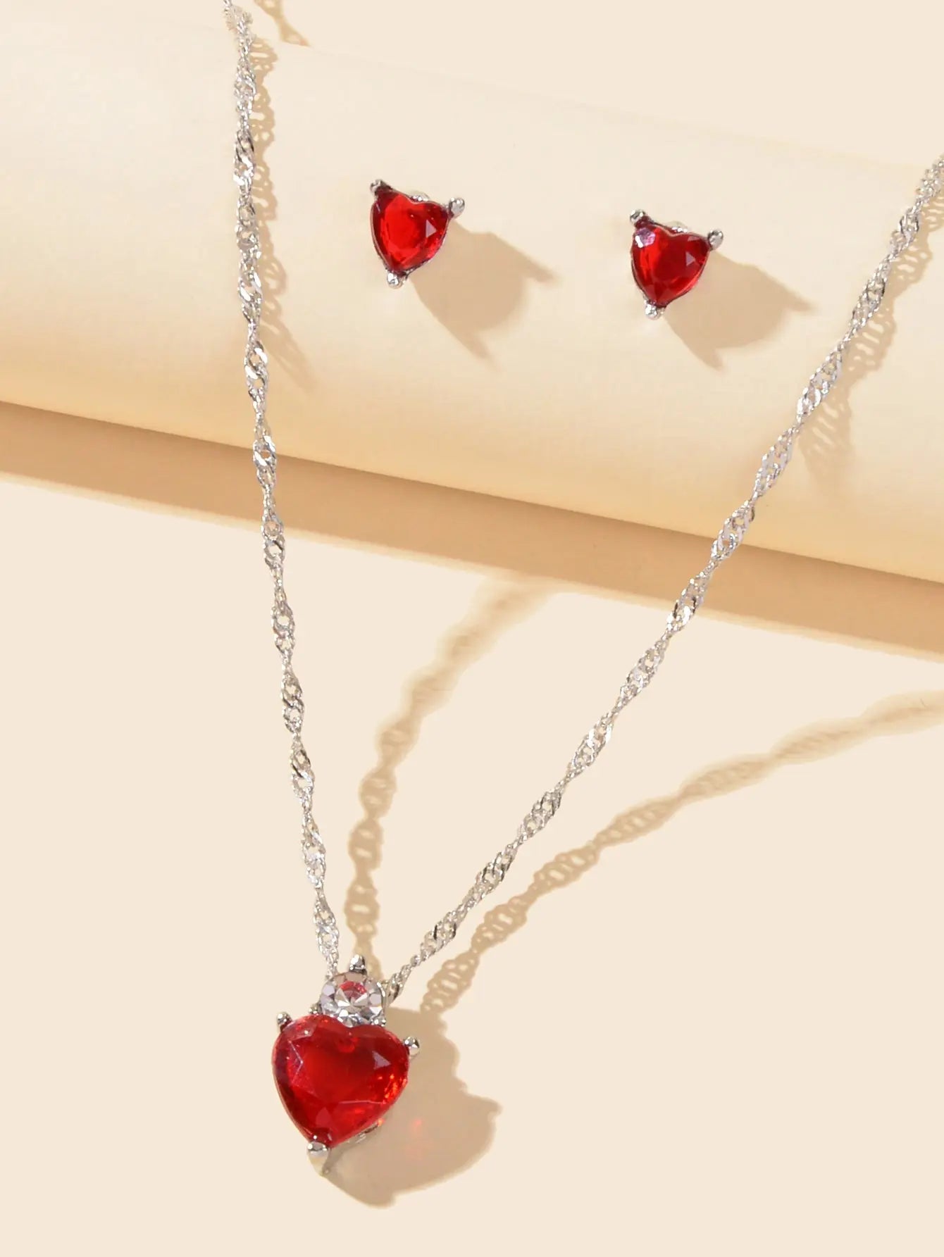 Valentine's Day Jewelry Set Gift Red Imitation Gemstone Heart Necklace Earrings Feelontop Jewellery