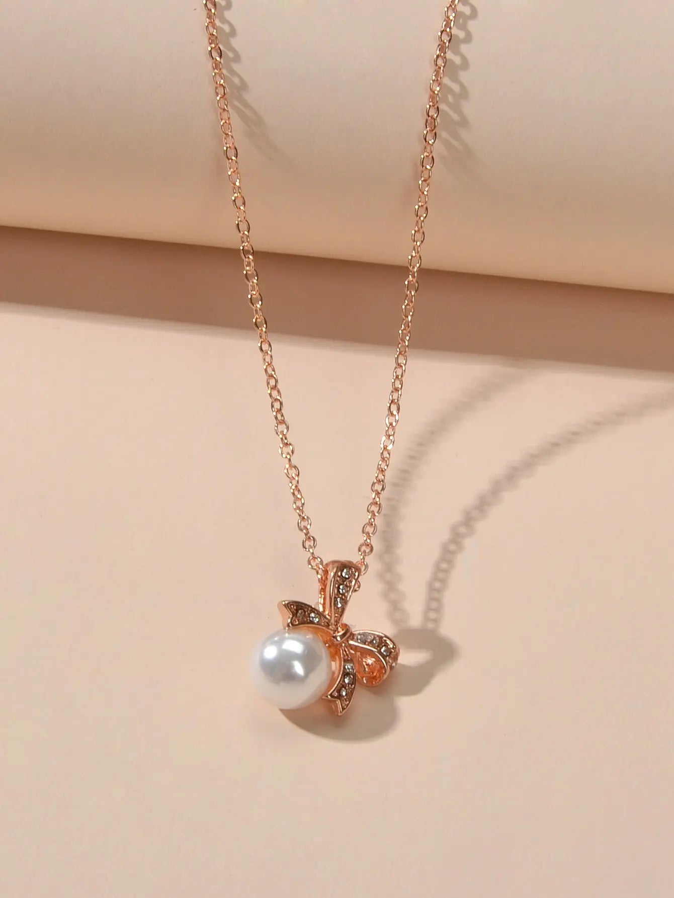Anniversary Wedding Jewellery Rhinestone Rosegold Chain Pearl Bowknot Necklace Feelontop Jewellery