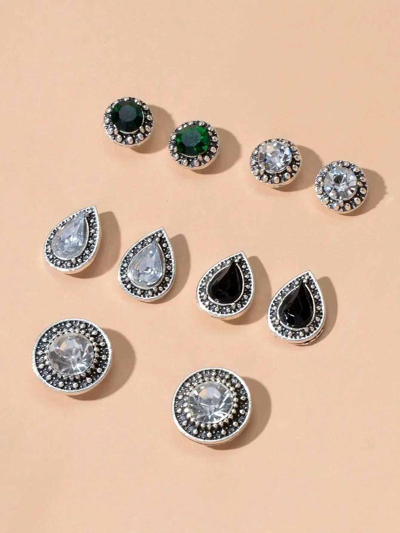 5 pairs Vintage Jewellery Shining Rhinestone Round Water Drop Stud Earrings Set Feelontop Jewellery