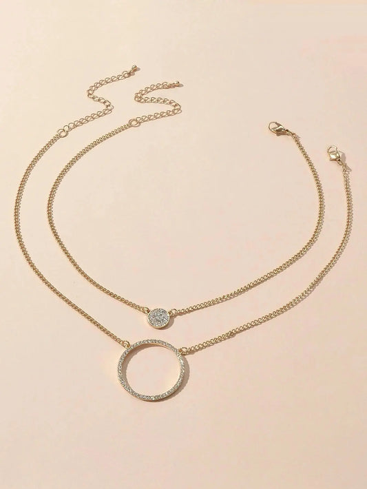 2 pcs Gold Silver Chain Rhinestone Round Circle Pendant Necklace Jewellery Gift Feelontop Jewellery