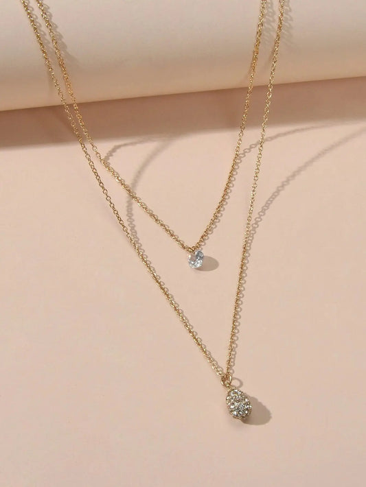 2 pcs Fashion Women Jewellery Rhinestone Decor Gold Chain Water Drop Necklace Feelontop Jewellery