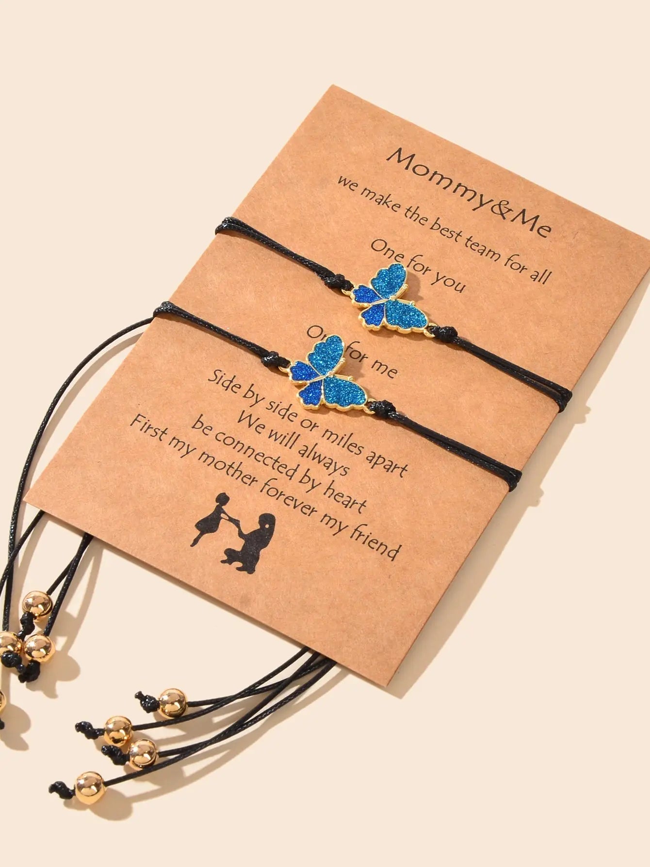 2 pcs Adjustable Black Rope Blue Butterfly Pendant Bracelet Mother's Day Gift Feelontop Jewellery