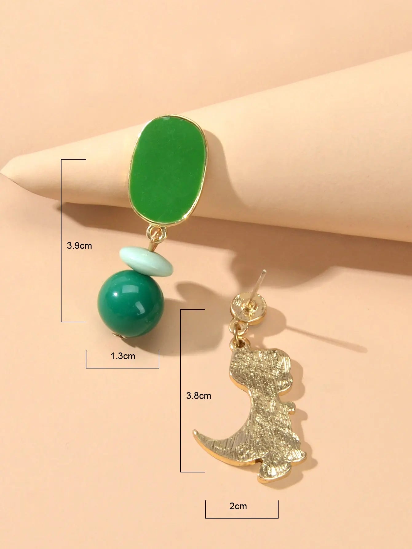 Asymmetrical Cartoon Design Green Beads Enamel Dinosaur Dangle Animal Earrings Feelontop Jewellery