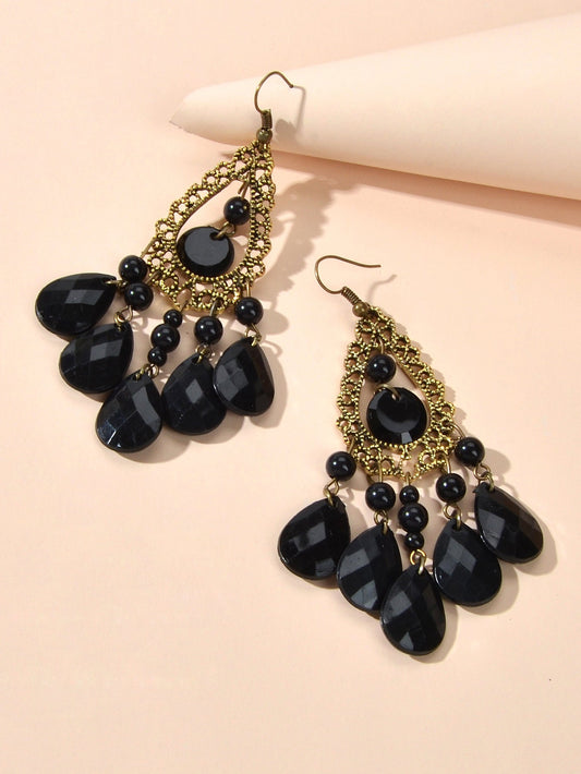 Bohemian Retro Jewellery Black Water Drop Beads Antique Gold Chandelier Earrings Feelontop Jewellery