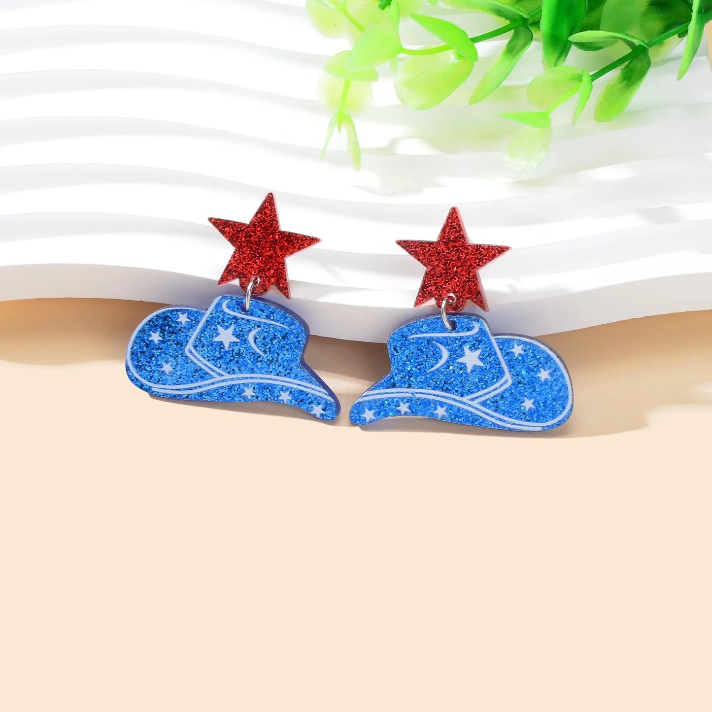 Designer Stylish Sequins Red Star Blue Cowboy Hat Acrylic Earrings Party Jewellery Feelontop Jewellery