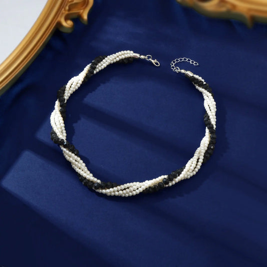 Elegant Black White Beaded Winding Layered Chain Collar Necklace Jewellery Feelontop Jewellery
