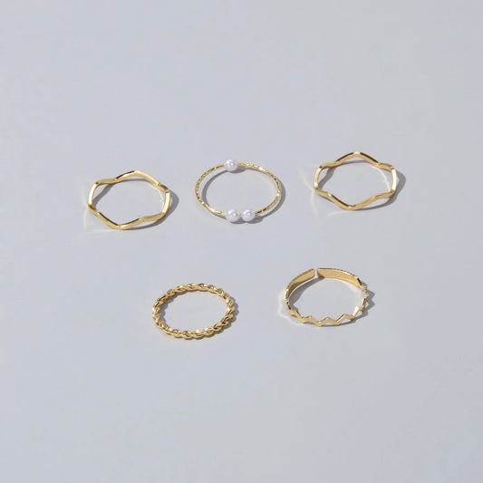 Stackable 5 pcs Metal Pearl Minimalist Finger Ring set Multiple Rings Bulk Pack Feelontop Jewellery