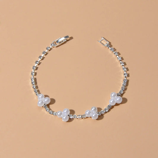 Luxurious Anniversary Wedding Jewellery Rhinestone Pearl Silver Chain Bracelets Feelontop Jewellery