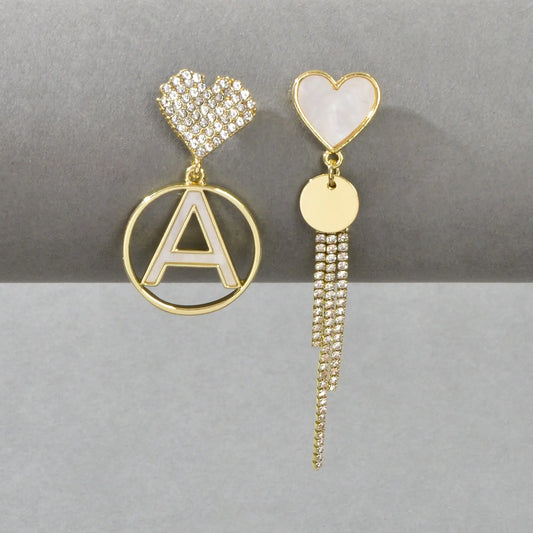 Asymmetrical Design Rhinestone Tassel Heart Circle Letter A Disc Charm Earrings Feelontop Jewellery