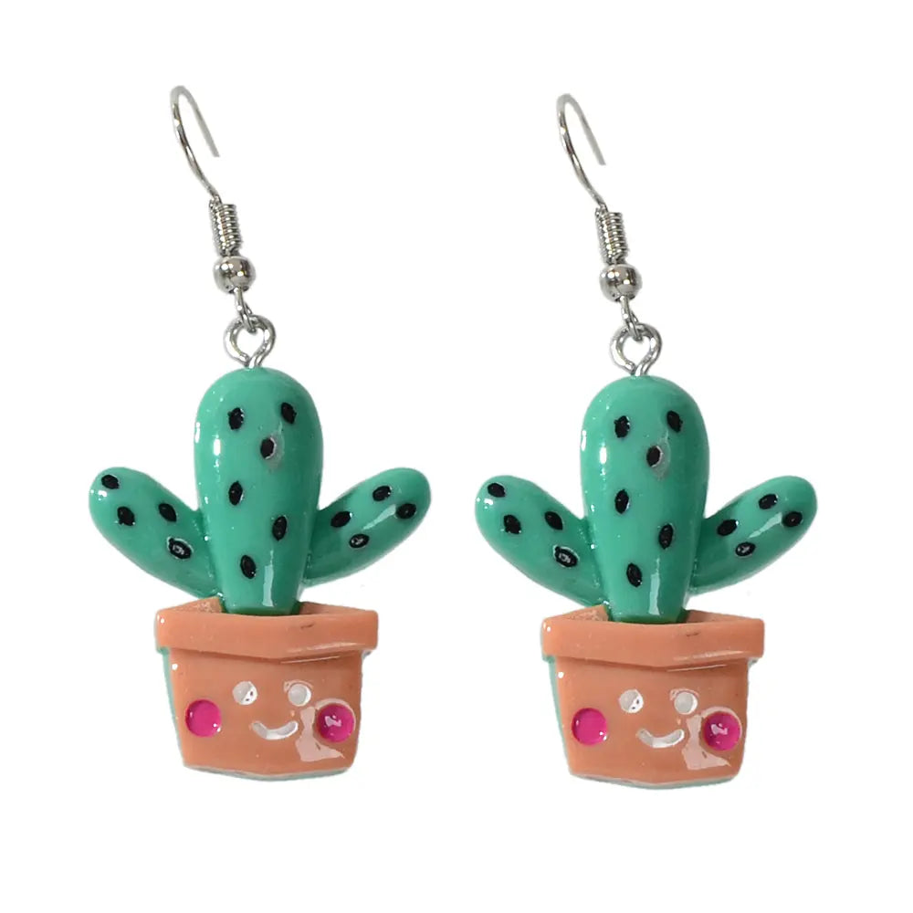 3D Cartoon Multi-colored Cactus Flowerpot Plant Drop Earrings Women Funny Gifts Feelontop Jewellery