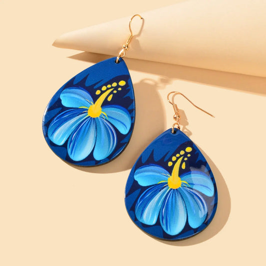 Bohemian Jewellery Flower Pattern Blue Water Drop Acrylic Trendy Women Earrings Feelontop Jewellery