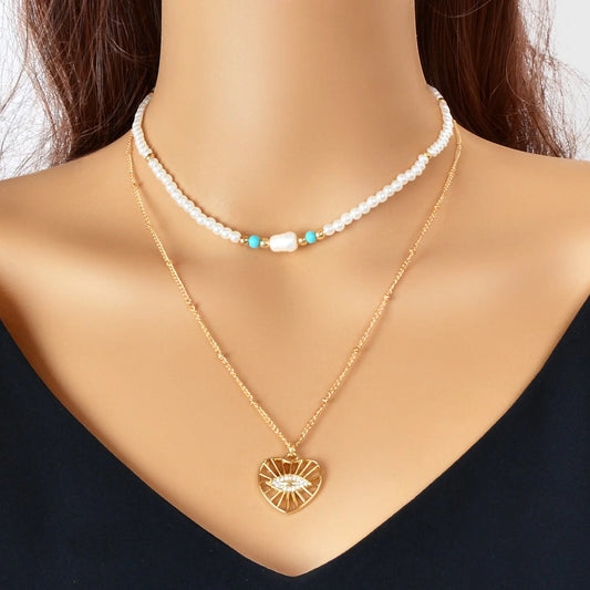 Boho Chic Layered Gold Pearl Beaded Chain Eye Hollow Gold Heart Pendant Necklace Feelontop Jewellery