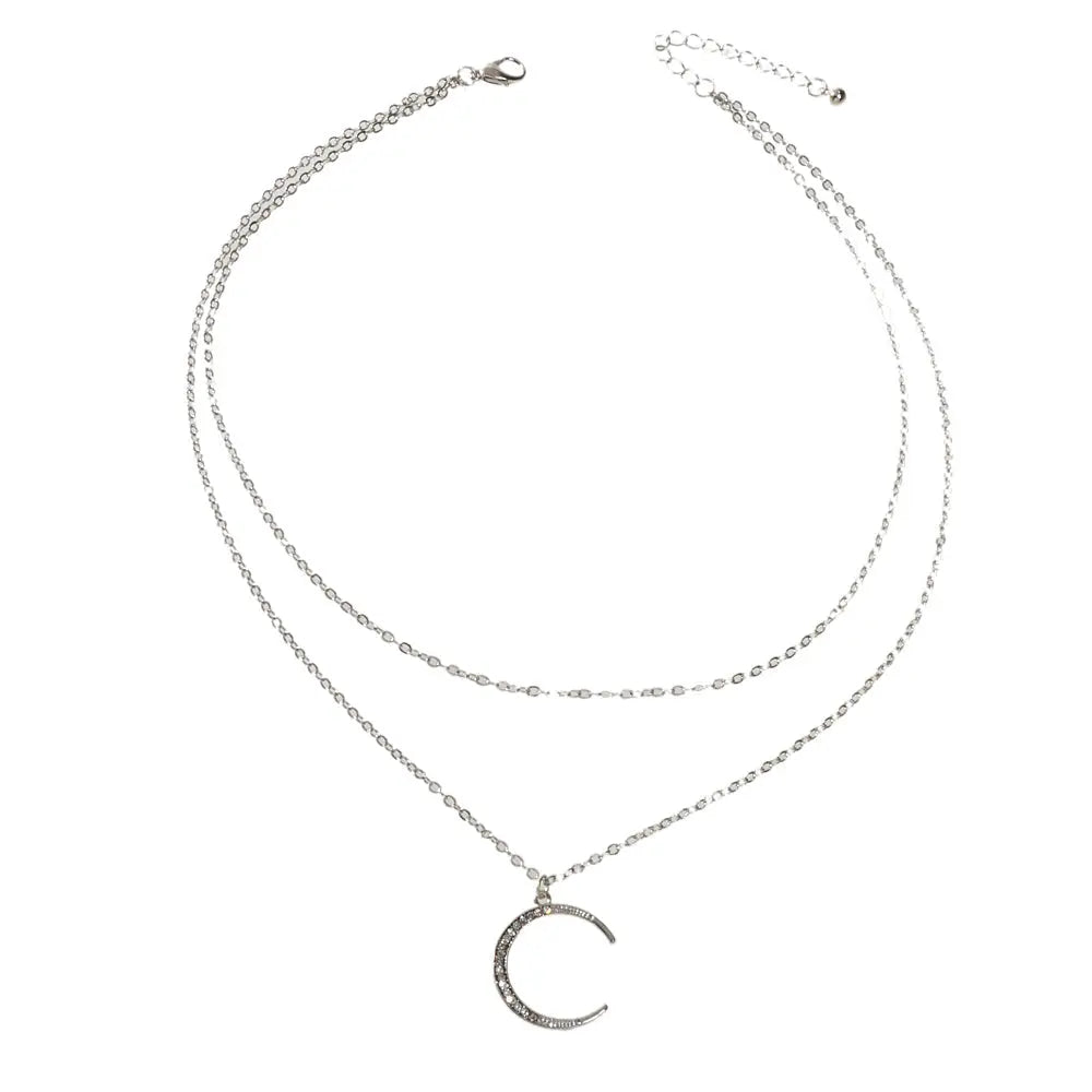 Women Accessories Double layer Chain with Rhinestone Moon Charm Trendy Necklace Feelontop Jewellery
