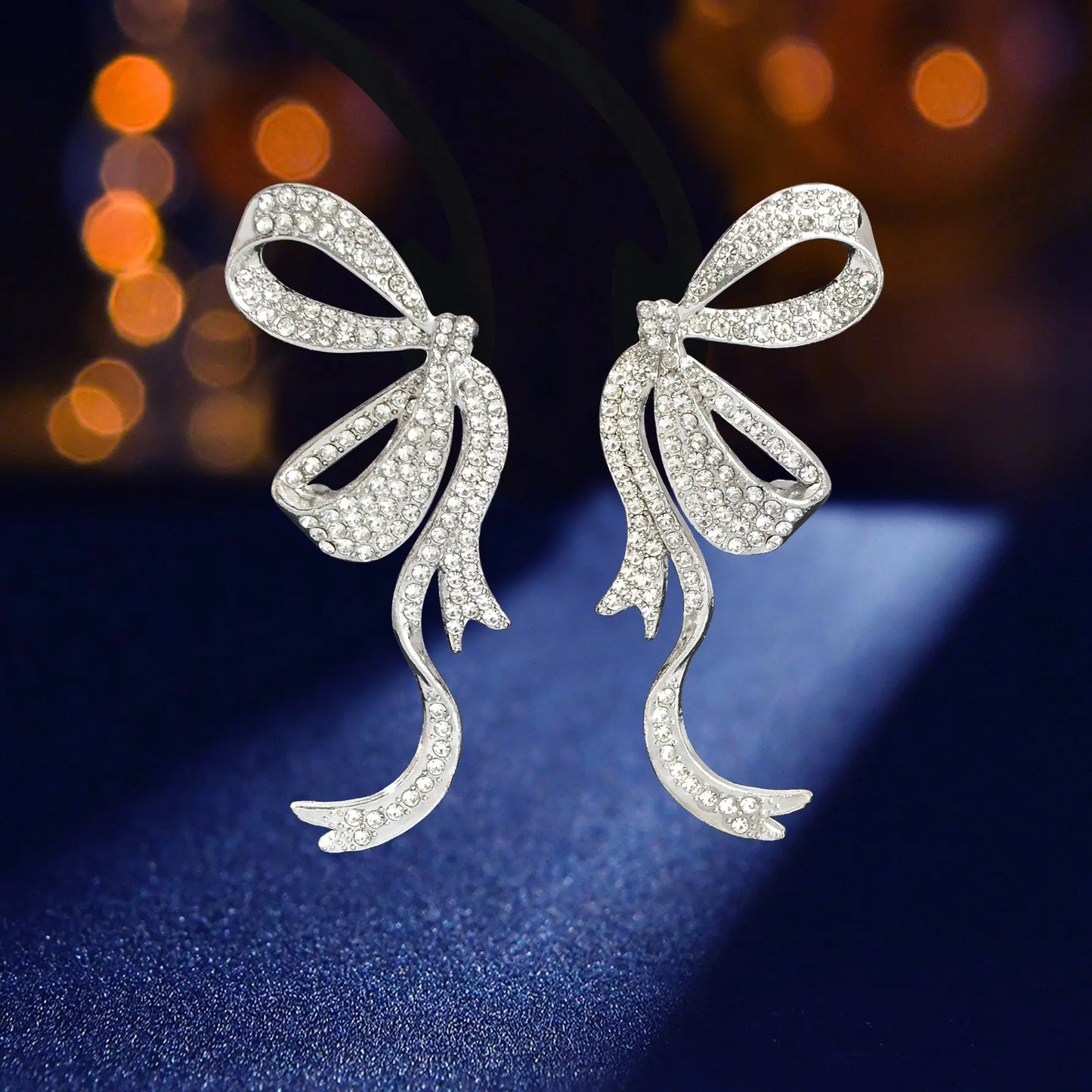 Luxurious Rhinestone Decor Silvery Bow Stud Earrings for Women Banquet Feelontop Jewellery
