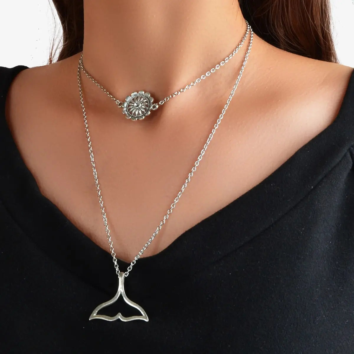 Bohemian Beach Jewelry Silver Layering Chain Choker Mermaid Tail Charm Necklace Feelontop Jewellery
