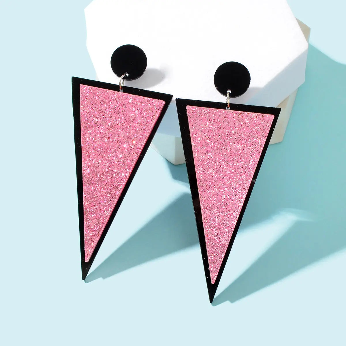 Shining Pink Sequin Decor Acrylic Triangle Geometric Dangle Earrings for Party Feelontop Jewellery