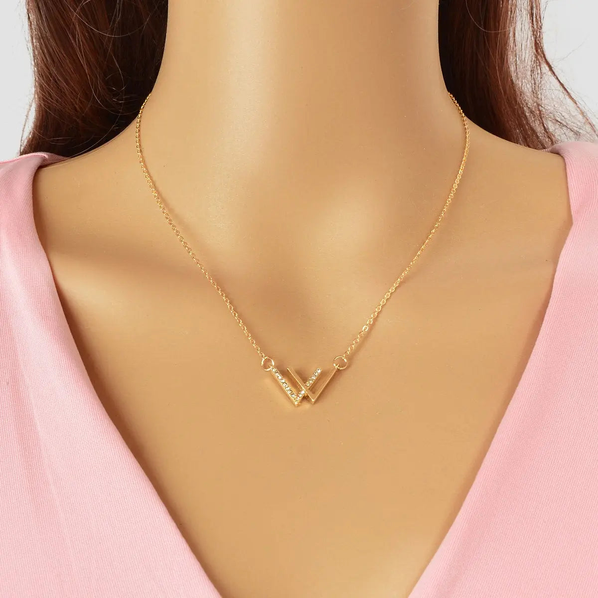 Minimalist Jewelry Rhinestone Decor Silver Chain V Shpe Geometric Charm Necklace Feelontop Jewellery