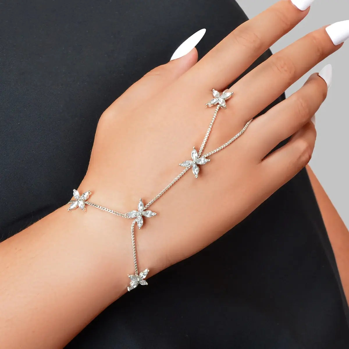 Diamond-Encrusted Chain Ring Connected Hand  Wrist Bracelet Feelontop Jewellery