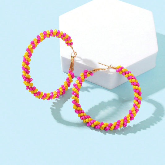 Boho Sweet Colourful Seed Beads Handmade Circle Hoop Earrings for Women Holiday Feelontop Jewellery