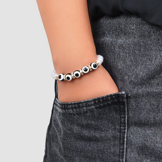 Creative Accessories Rhinestone Decor Black White Beaded Women Bangle Bracelet Feelontop Jewellery