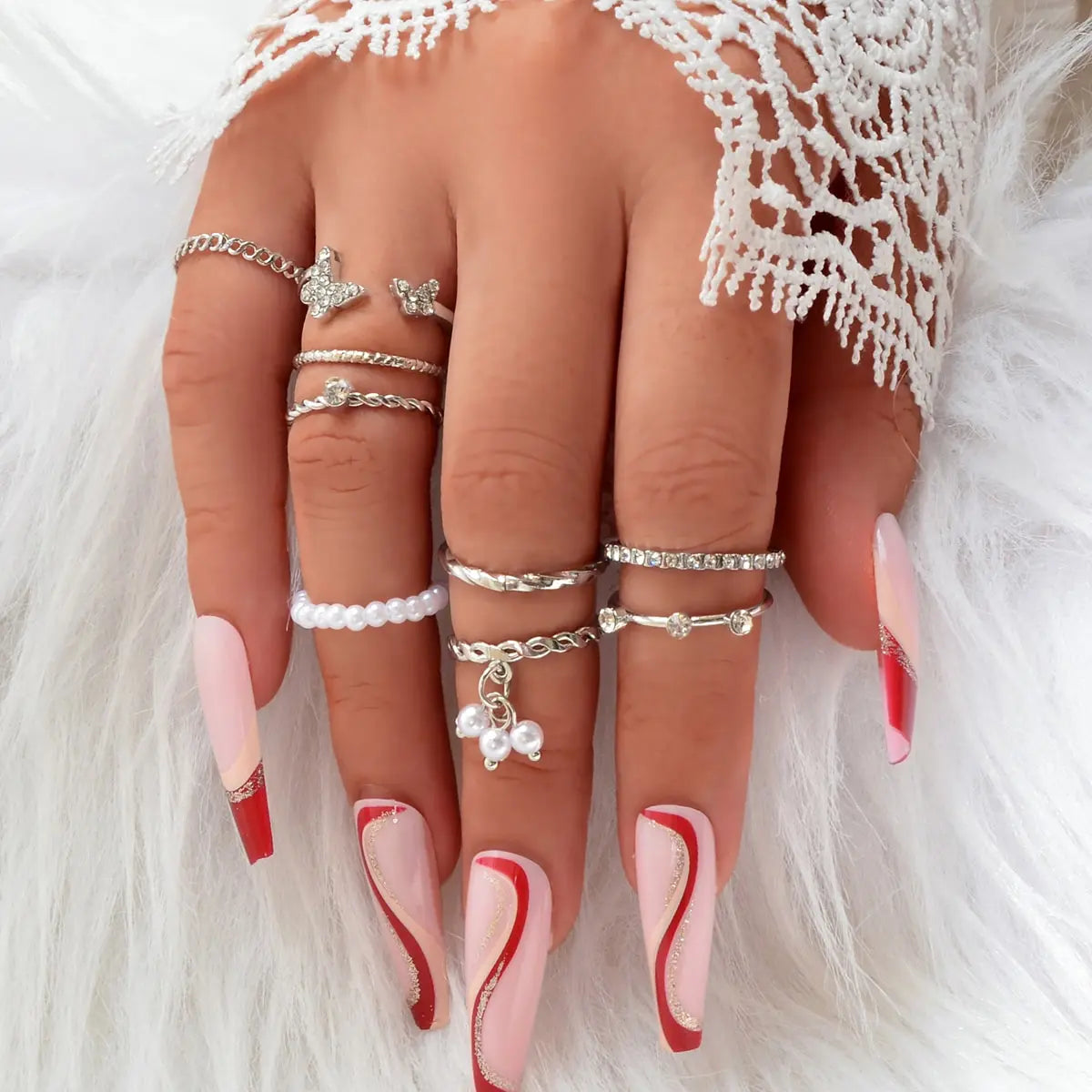 Set of Ten Silver Butterfly and Pearl Shaped Rings Elegant Statement Collection Feelontop Jewellery