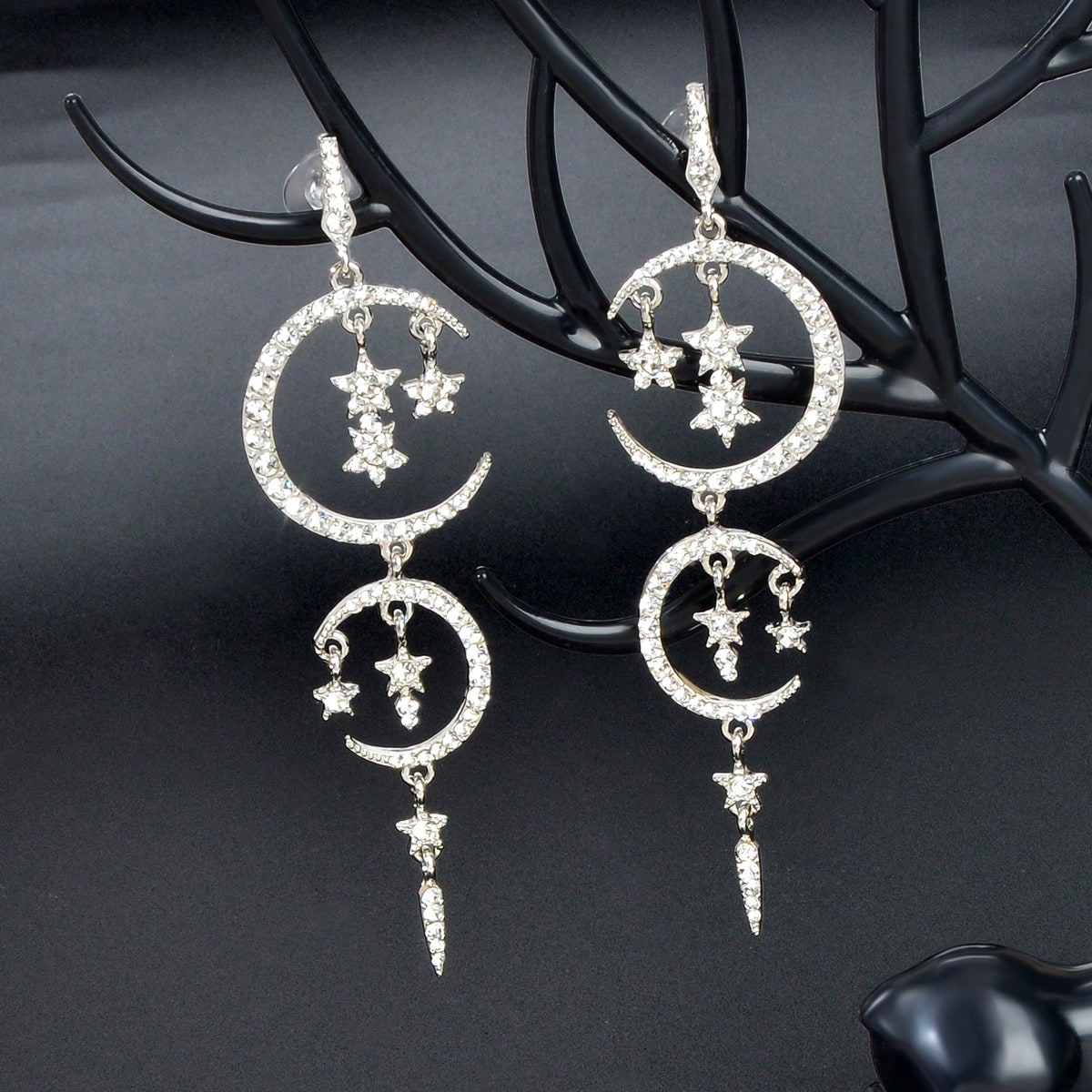 Starry Nights Long Earrings with Multiple Star Moon Pendants Celestial Glamour Feelontop Jewellery