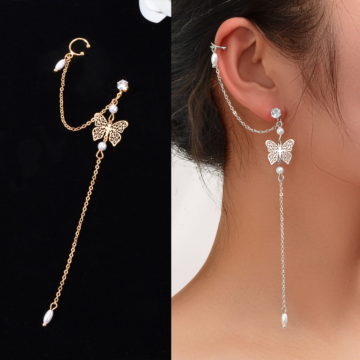 Butterfly Pendant Tassel Stud Earrings - Elegant and Whimsical Dangles Ear Clip Feelontop Jewellery