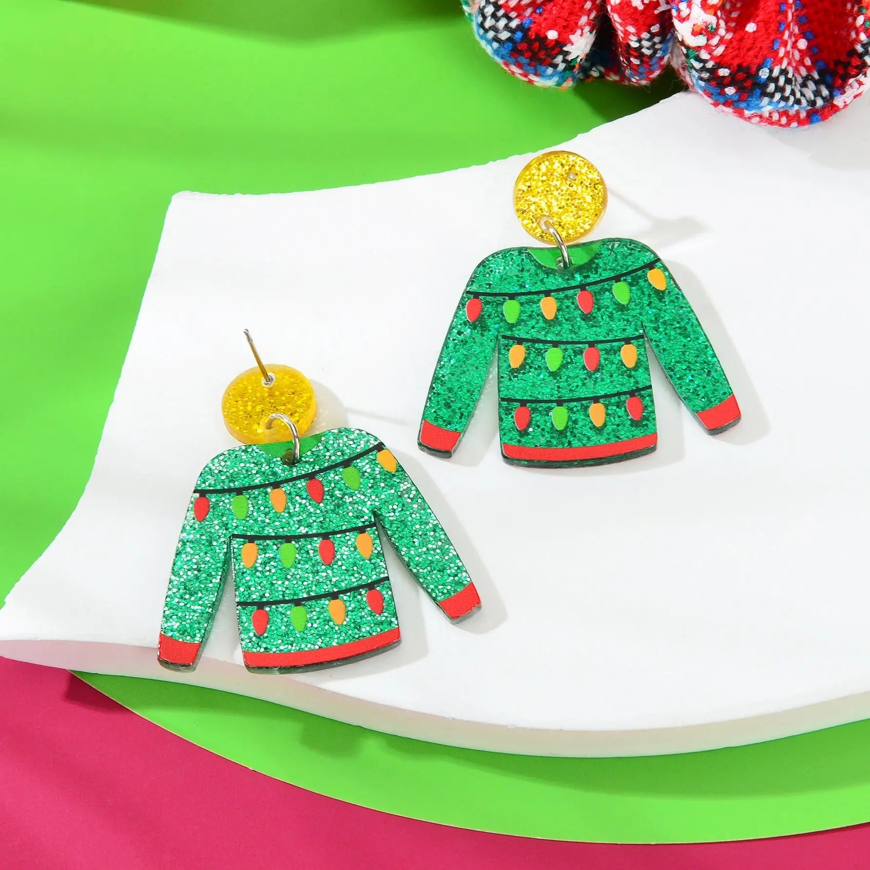 Christmas Festival Jewelry Colored Lights Decor Green Clothes Acrylic Earrings Feelontop Jewellery