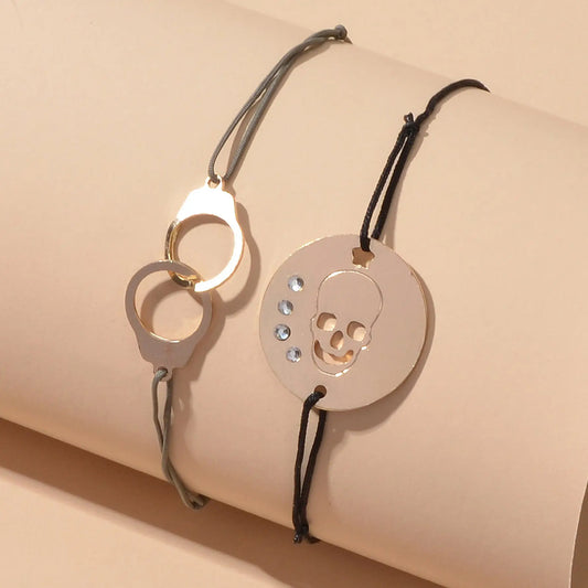 2pcs Goth Punk Hip Hop Elastic Rope Skull Handcuffs Charm Pirate Bracelet Bangle Feelontop Jewellery