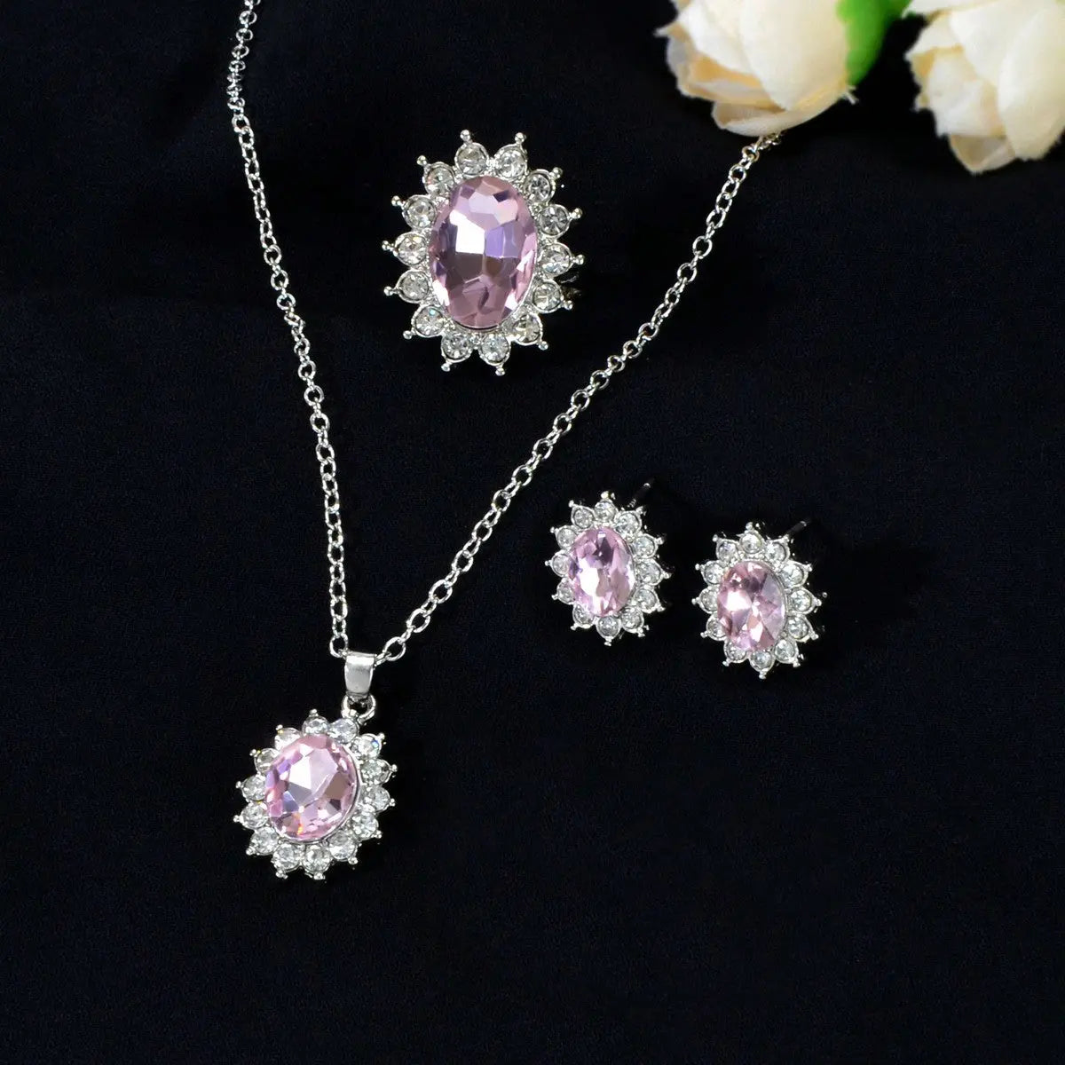 Crystal Flower Necklace Stud Earrings Finger Ring Luxury Wedding Jewellery Set Feelontop Jewellery