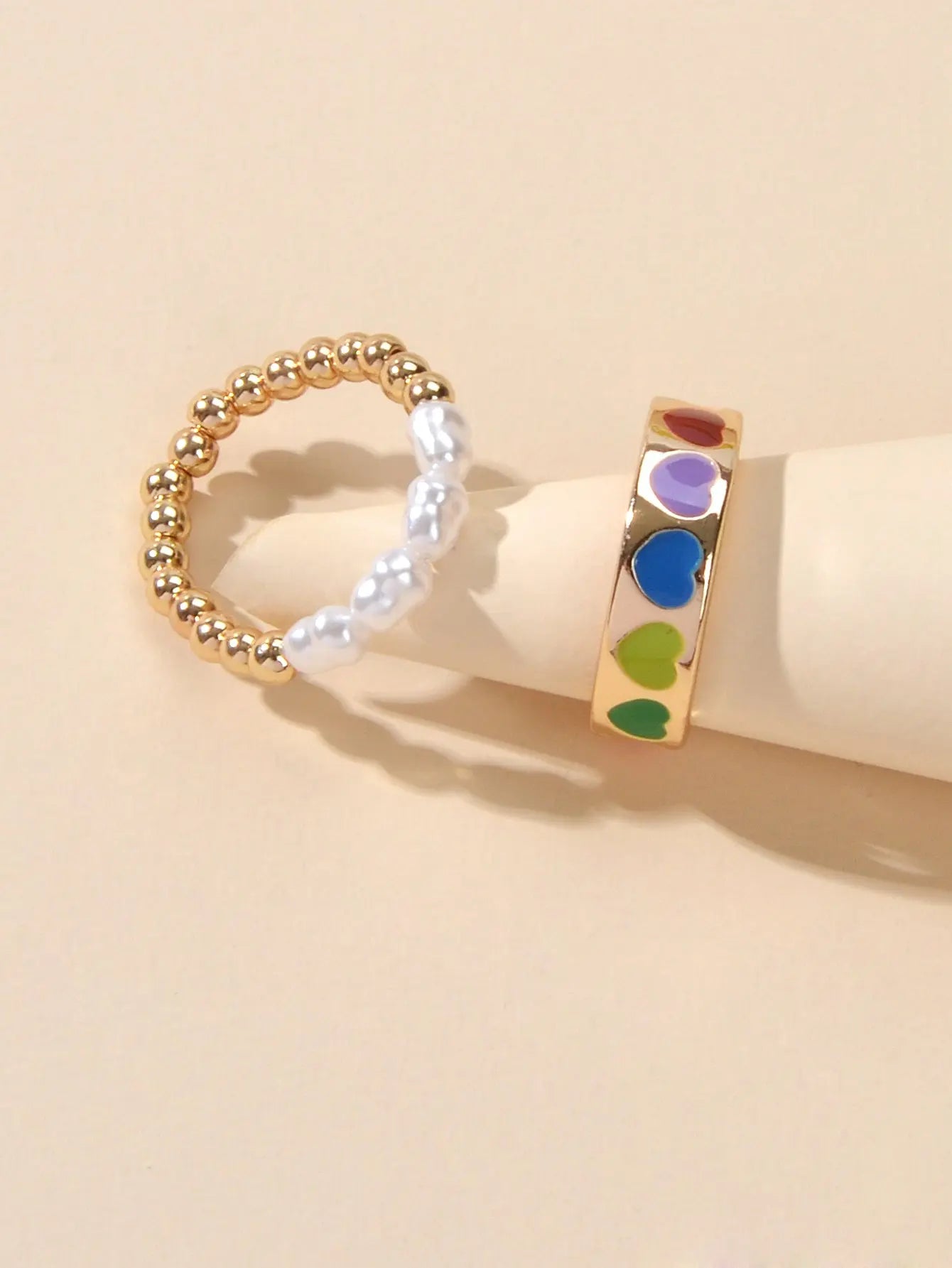 2 pcs Pearl Decor Elastic Ring Colorful Love Heart Enamel Finger Rings Jewellery Feelontop Jewellery