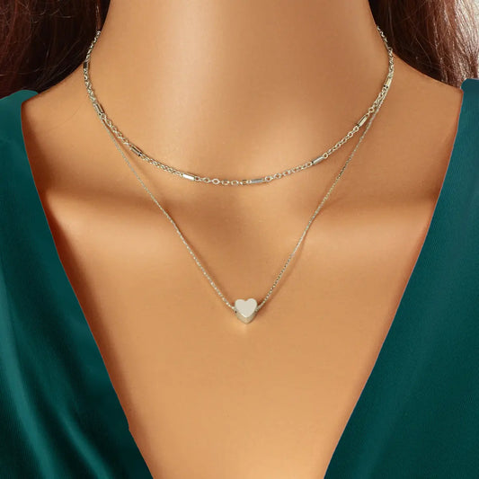 Minimalist Chic Double layer Silver Chain Heart Pendant Clavicle Party Necklace Feelontop Jewellery
