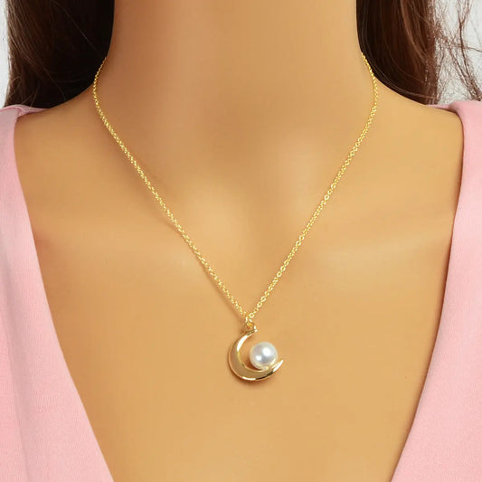 Elegant Imitation Pearl Decor Gold Chain Moon Pendant Necklace Dinner Jewellery Feelontop Jewellery