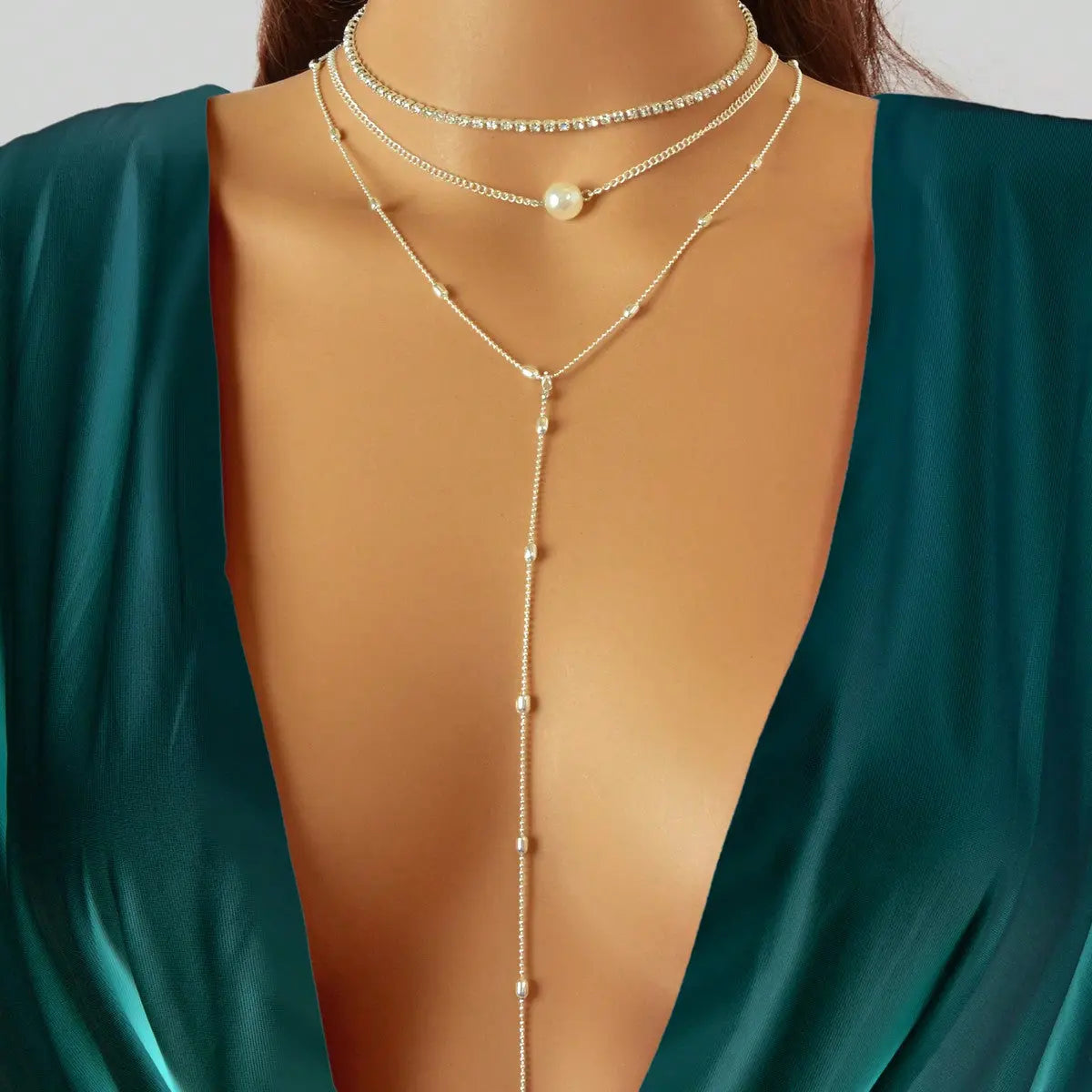 Silver Triple-Layer Chain Long Tassel Necklace Elegant Statement Piece Feelontop Jewellery