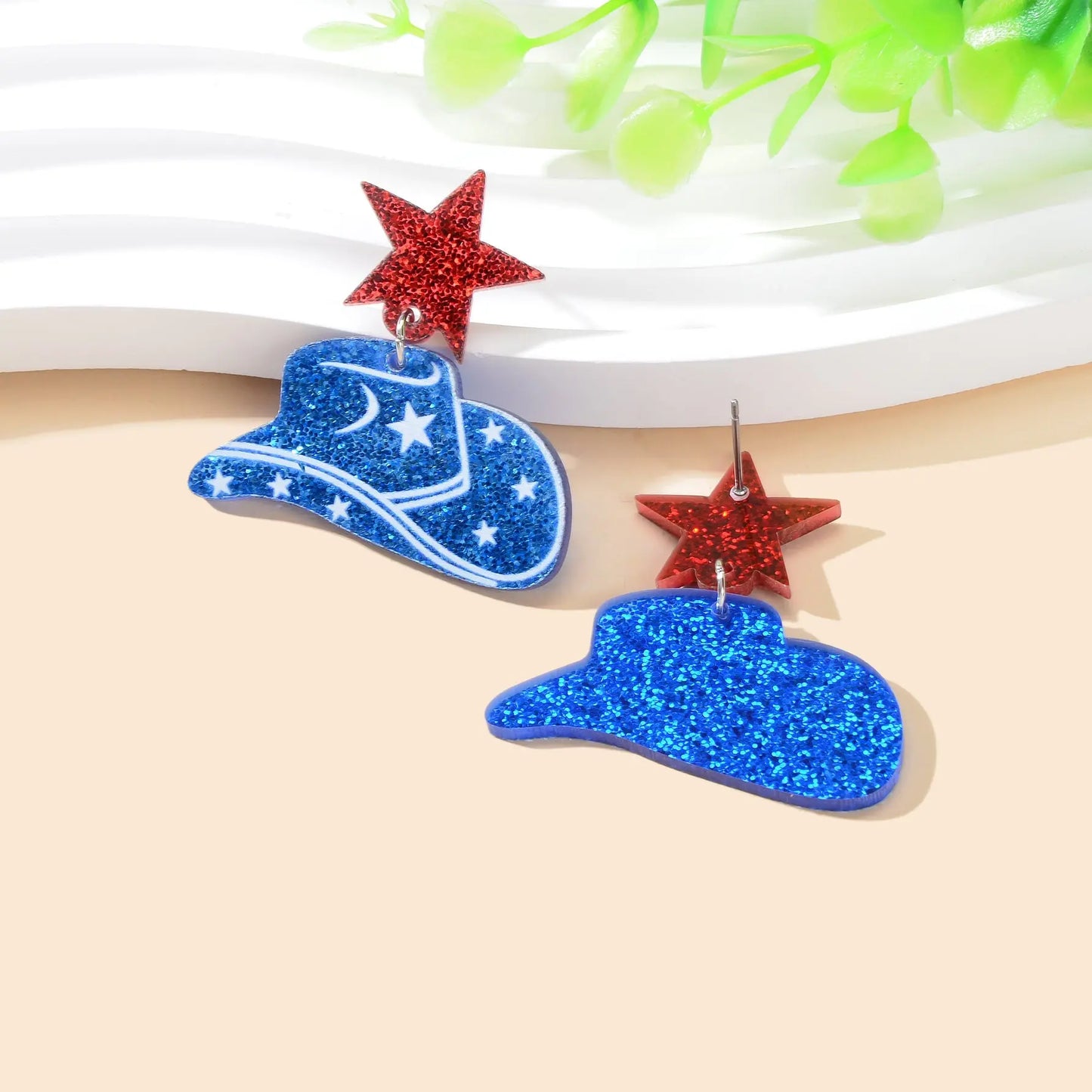 Designer Stylish Sequins Red Star Blue Cowboy Hat Acrylic Earrings Party Jewellery Feelontop Jewellery