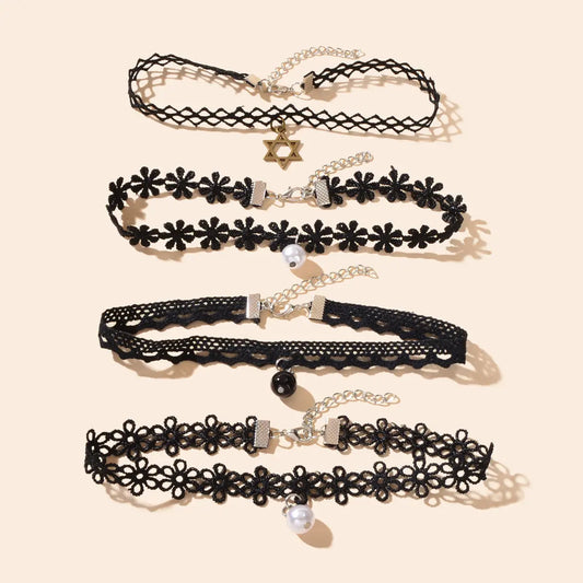 4 pcs Retro Star Beaded Charm Flower Geometric Tattoo Choker Black Lace Necklace Feelontop Jewellery