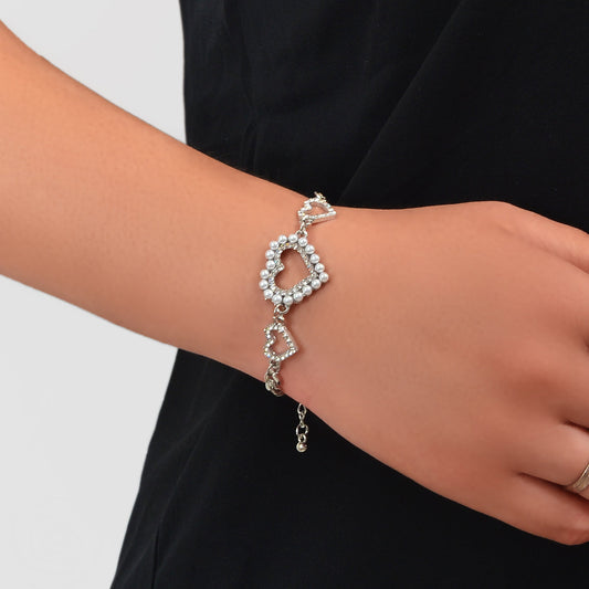 Luxurious Rhinestone Pearl Decor Heart Charm Silver Chain Bracelet for Wedding Feelontop Jewellery
