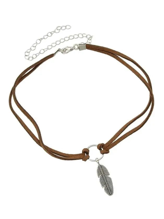 Vintage Feather Pendant Double Layer Leather Necklace - Boho Chic Accessory Feelontop Jewellery